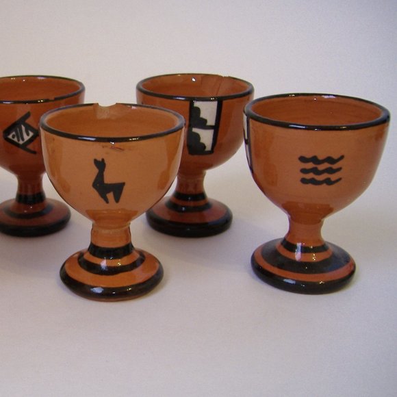 Egg Cups Peru Set of 6 Vintage Clay Pottery Brown Fish Llama Aztec Collectible - Picture 3 of 13